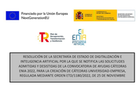 Resolución de solicitudes admitidas y desistidas en Cátedras ENIA 2022