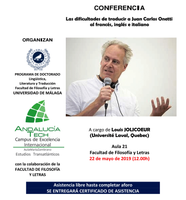 Cartel conferencia "Las dificultades de traducir a Juan Carlos Onetti al francés, inglés e italiano"