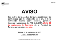 El día 22 de septiembre, la Secretaría de la Facultad de Turismo permanecerá cerrada.