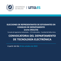 CONVOCATORIA ELECCIONES DE REPRESENTANTES DE ESTUDIANTES EN EL CONSEJO DE DEPARTAMENTO DE TECNOLOGÍA ELECTRÓNICA - CURSO 2022/23