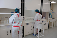 Las investigadoras Rocío González e Iratxe Arrechea en la Sala Blanca del SCAI de la UMA