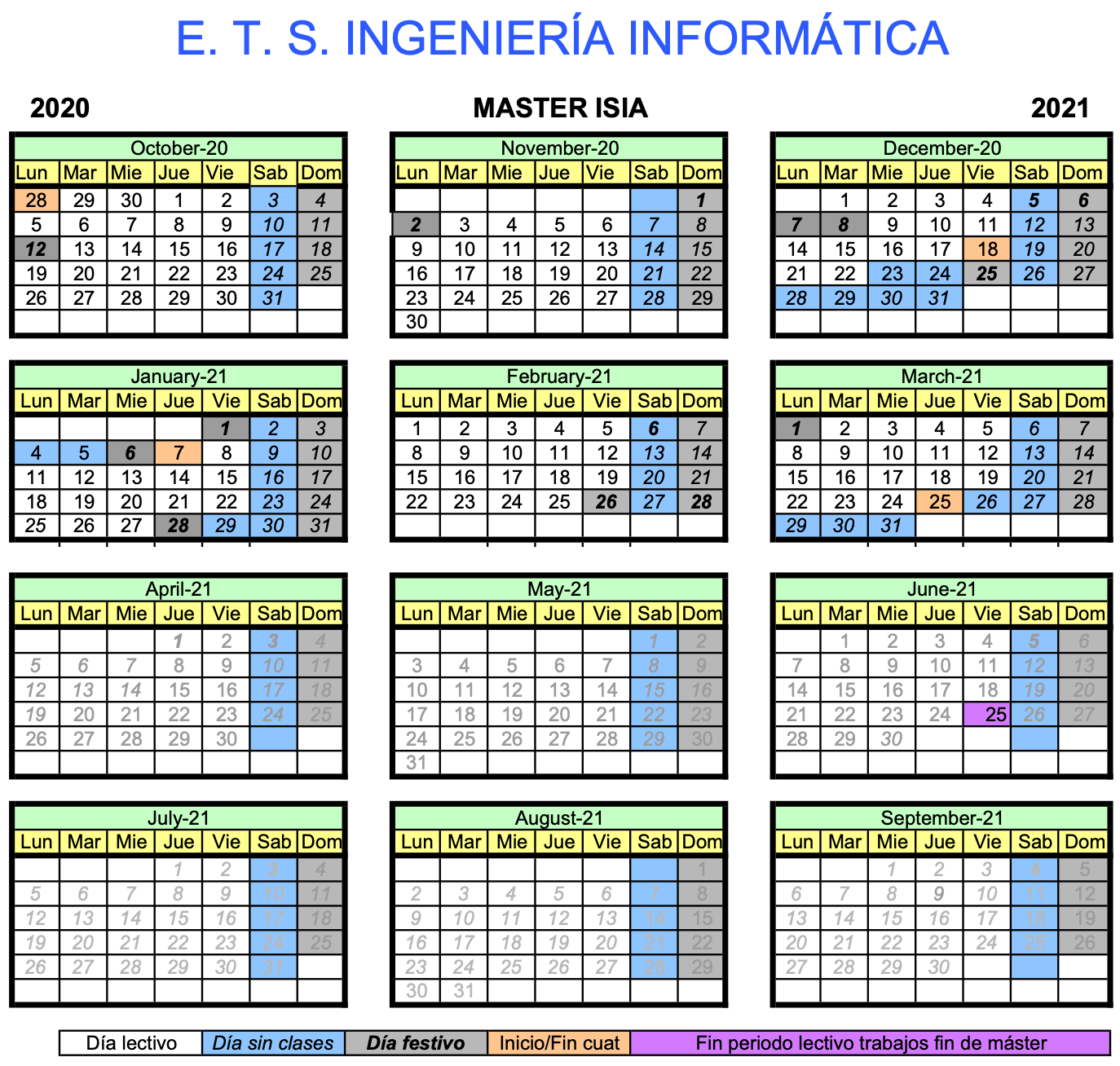 E T S I Informatica Master S Degree In Software Engineering And Artifical Intelligence Academic Calendar University Of Malaga calendario uma 2020 21